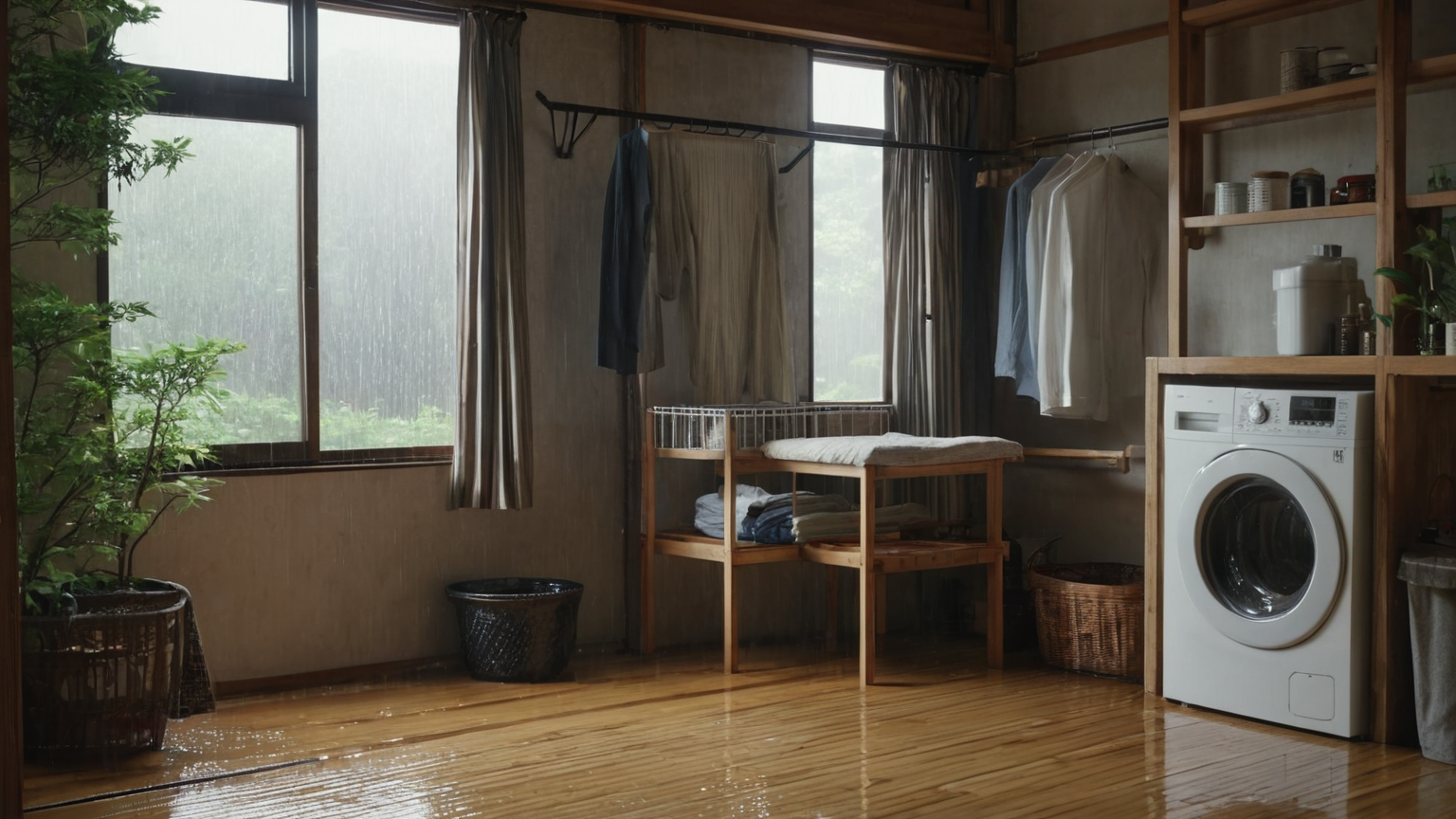 風の通り道に置いた部屋干しラック