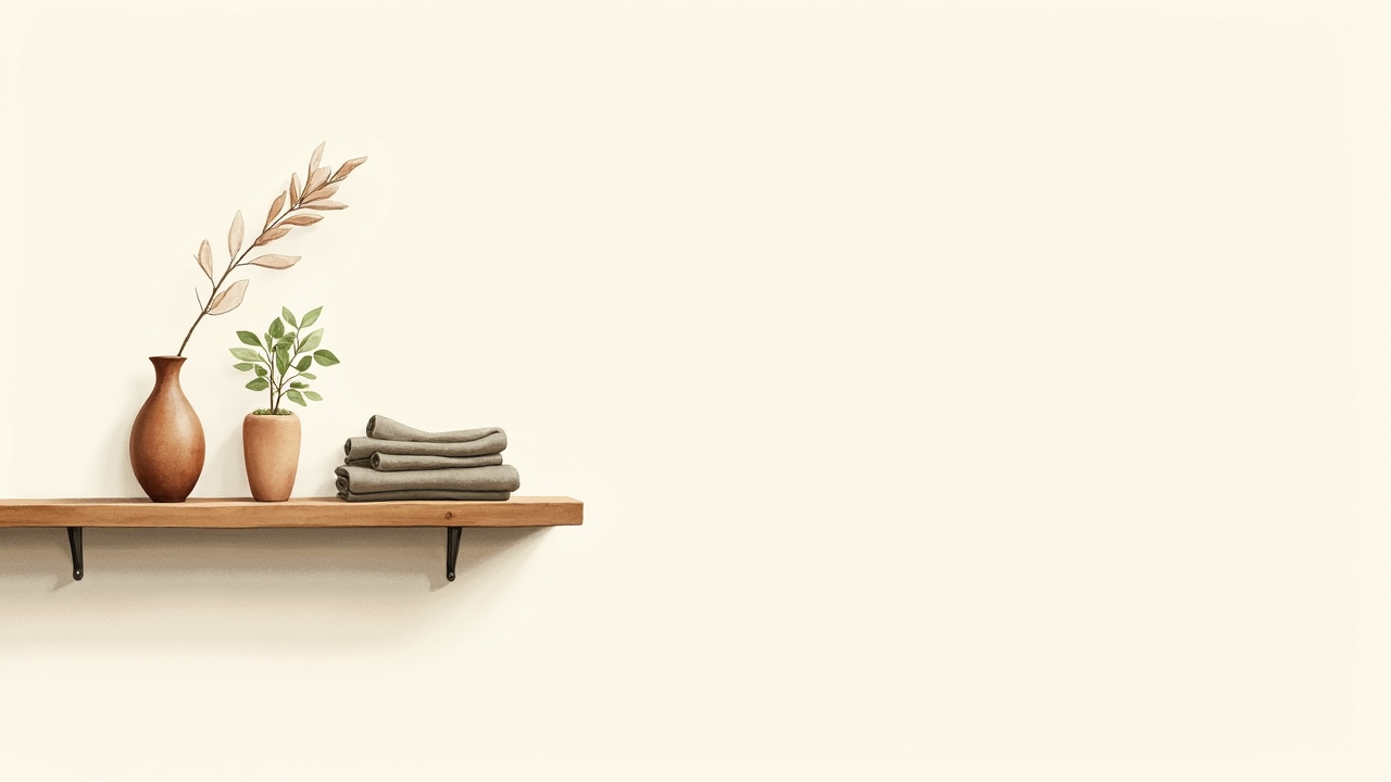 Watercolor illustration of sparse wooden shelf with three carefully placed objects