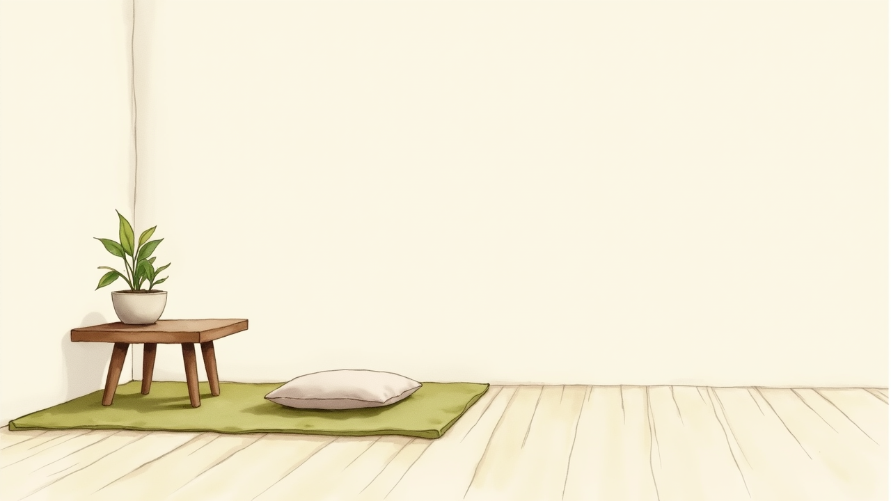 Watercolor illustration of tatami mat corner with low table, single cushion, and small plant