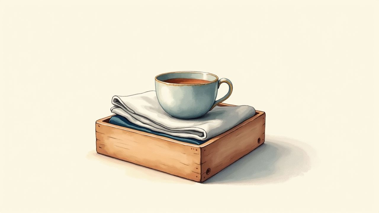 Watercolor illustration of small ceramic teacup and folded clothes in wooden box