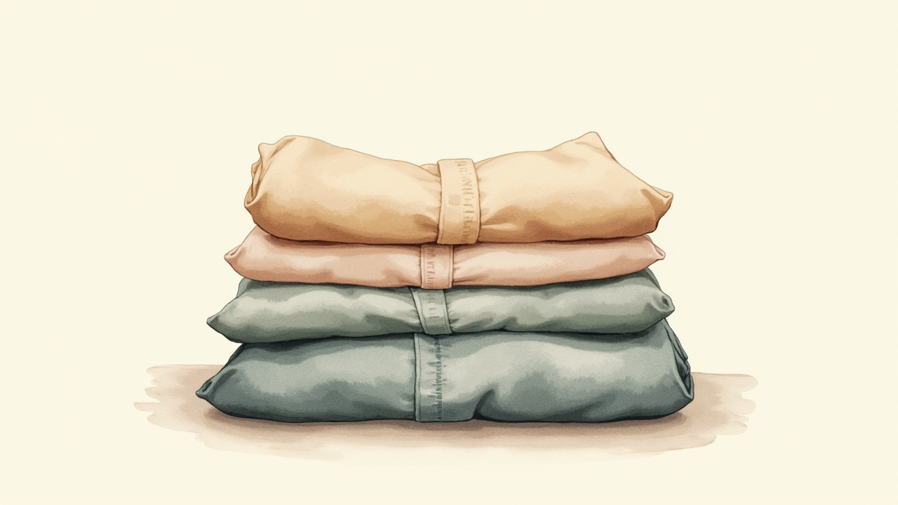 Watercolor illustration of an abstract folded clothing on cream paper, top-down still life, no text, soft earth tones