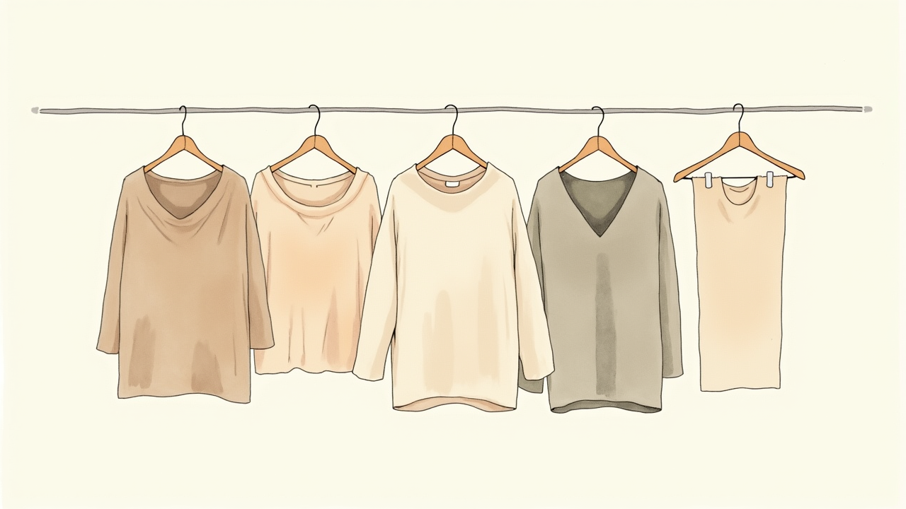 Watercolor illustration of an abstract row of clothes hangers on cream paper, top-down still life, no text, soft earth tones