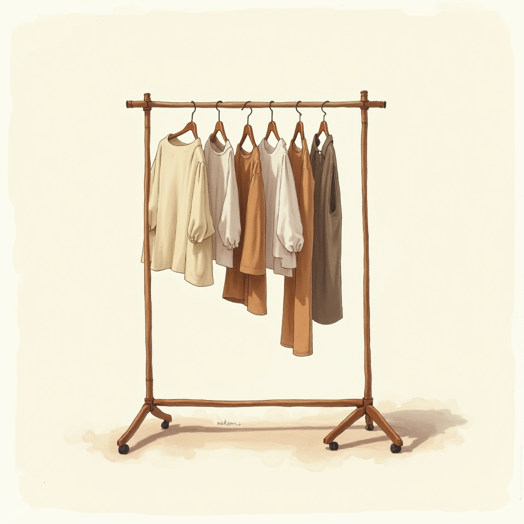 Watercolor illustration of an abstract clothing rack on cream paper, top-down still life, no text, soft earth tones