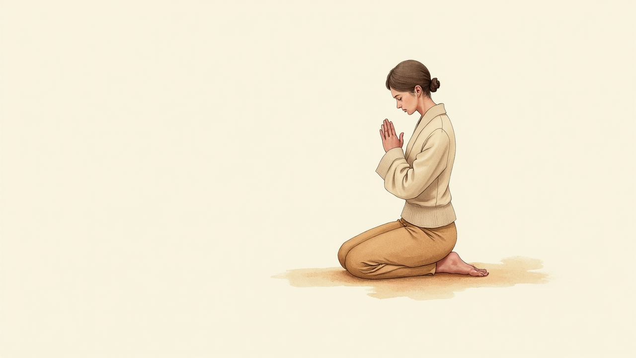 Watercolor illustration of an abstract person bowing with hands together on cream paper, top-down still life, no text, soft earth tones