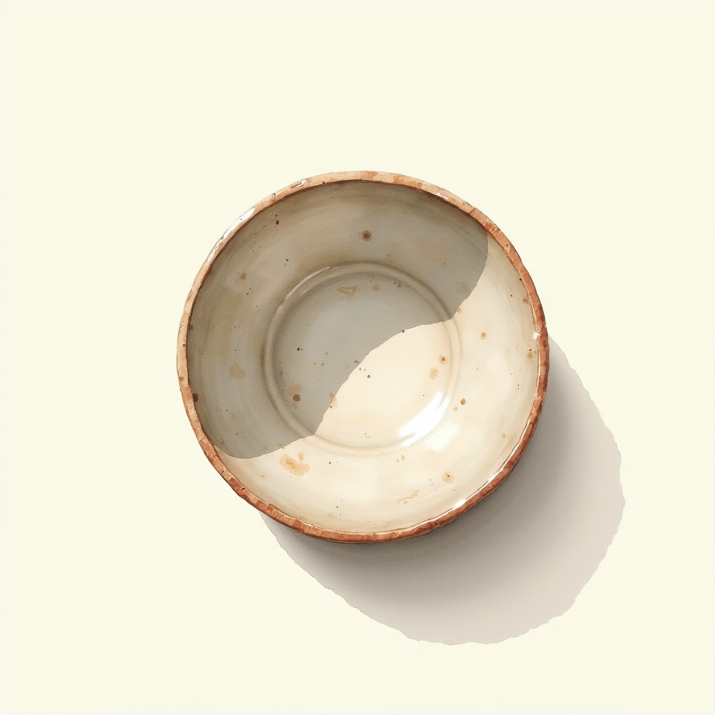Watercolor illustration of an abstract handmade ceramic bowl on cream paper, top-down still life, no text, soft earth tones