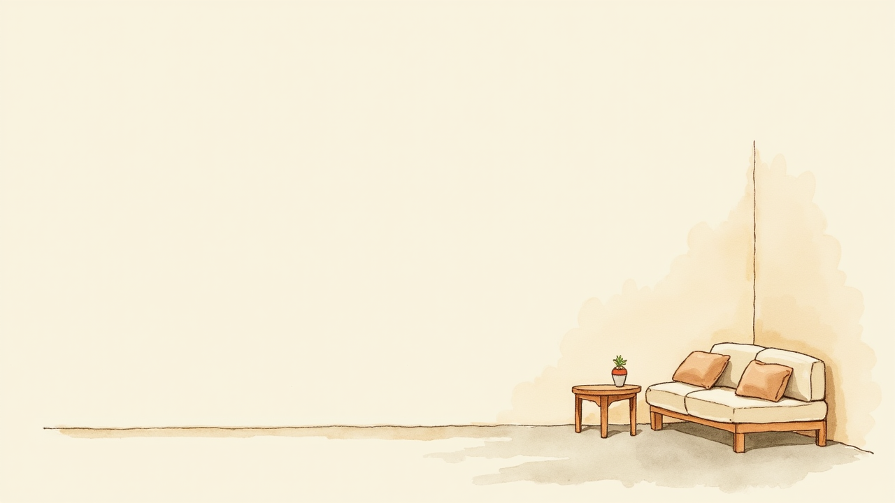 Watercolor illustration of an abstract tatami room with simple furnishing on cream paper, top-down still life, no text, soft earth tones