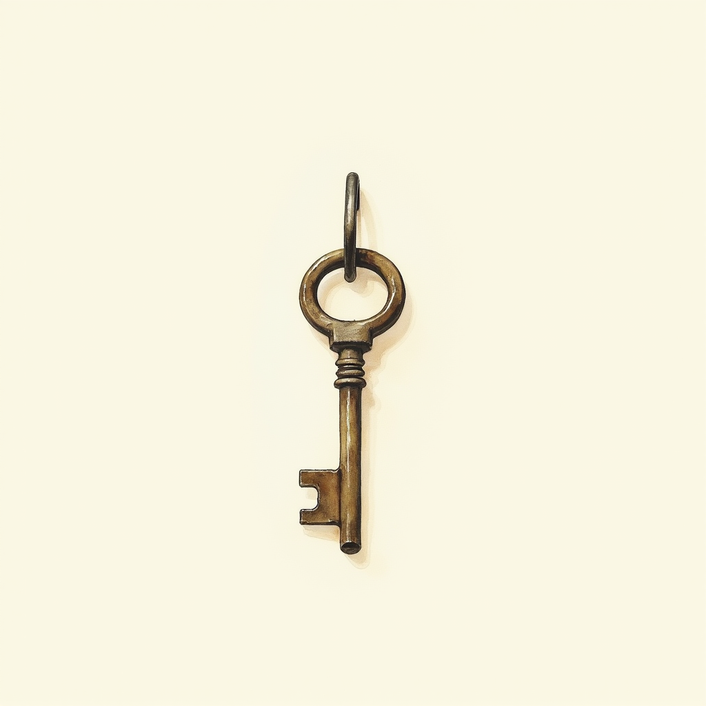 Watercolor illustration of an abstract key on a hook on cream paper, top-down still life, no text, soft earth tones