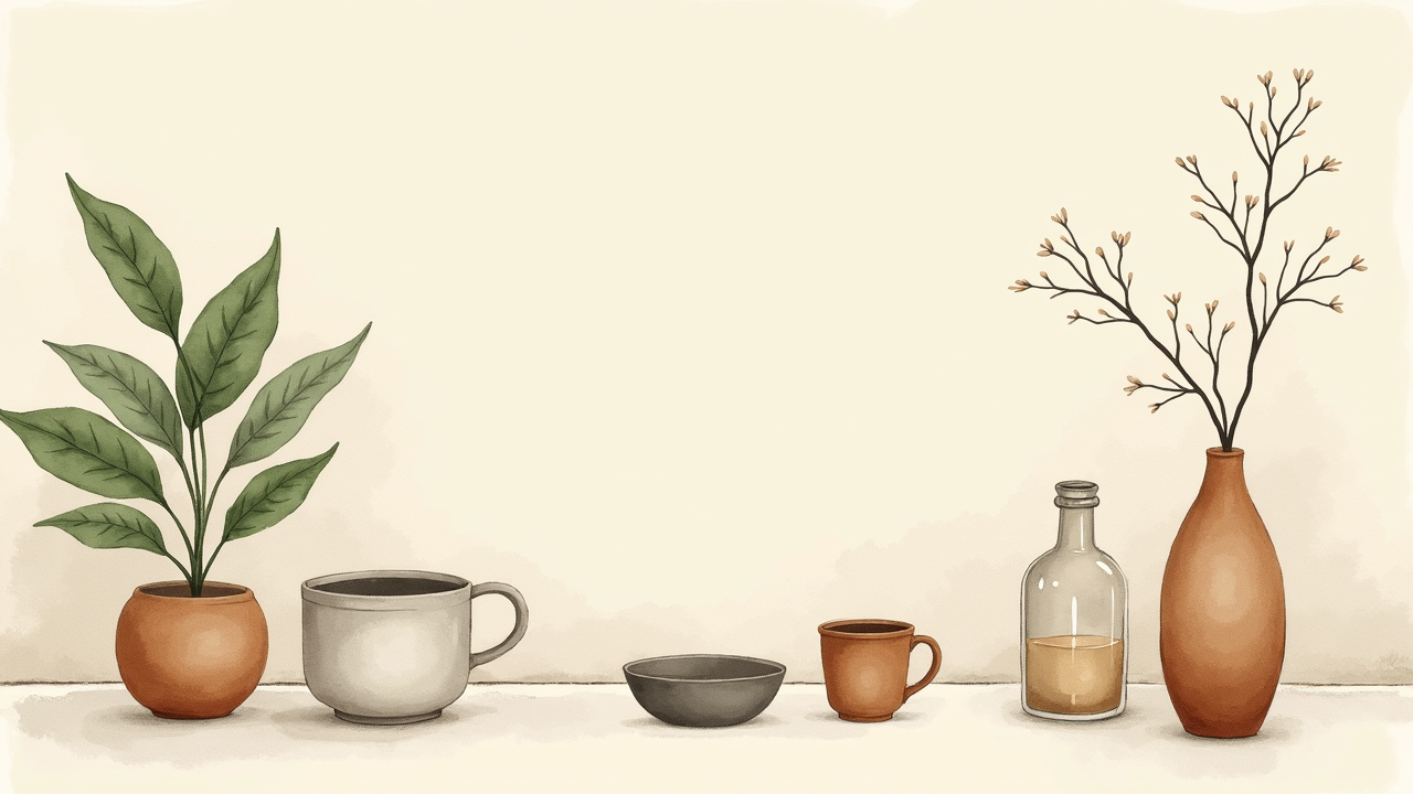 Watercolor illustration of an abstract evening scene with tidy room on cream paper, top-down still life, no text, soft earth tones
