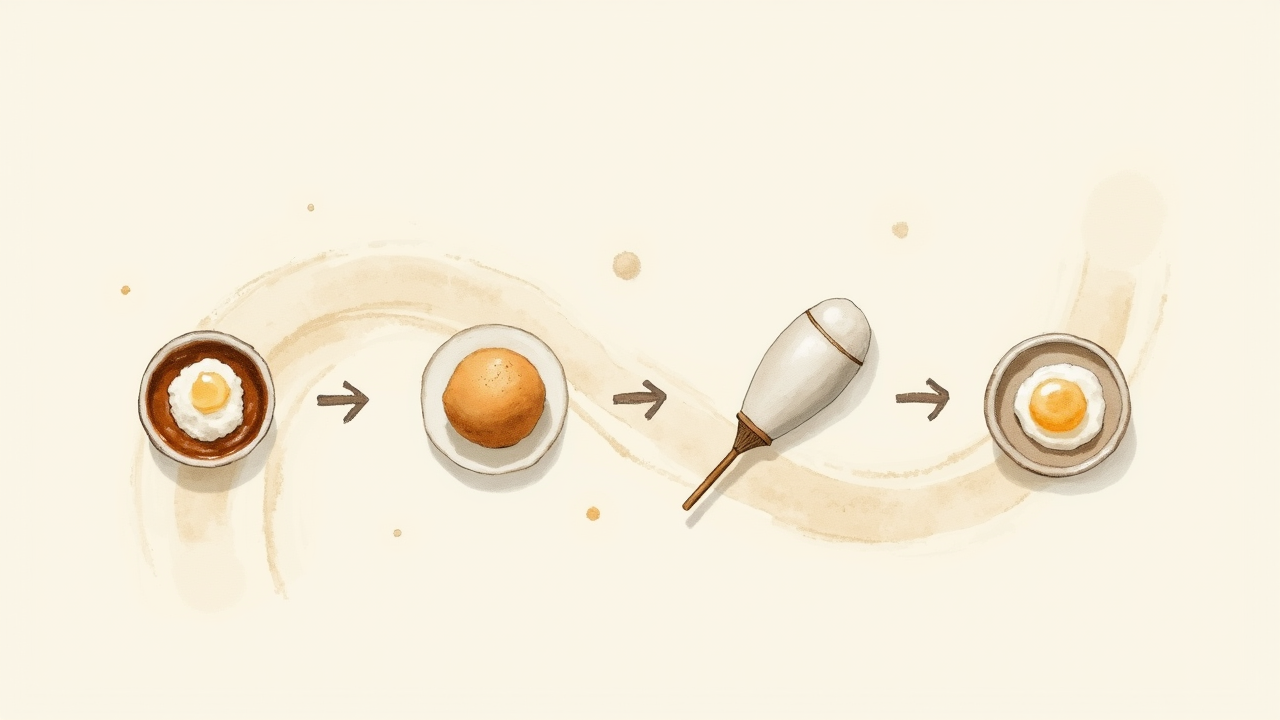 Watercolor illustration of an abstract daily routine flow with arrows on cream paper, top-down still life, no readable text, soft earth tones