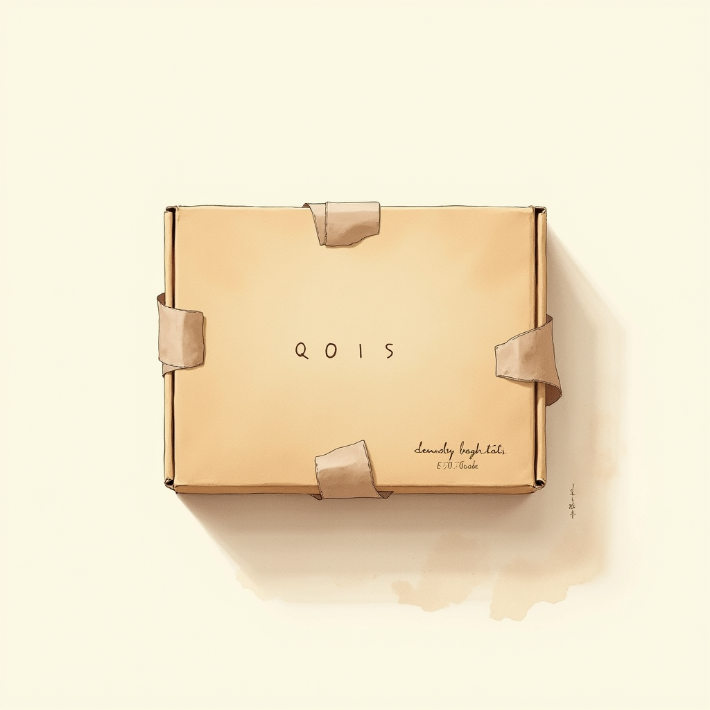 Watercolor illustration of an abstract sealed cardboard box on cream paper, top-down still life, no text, soft earth tones