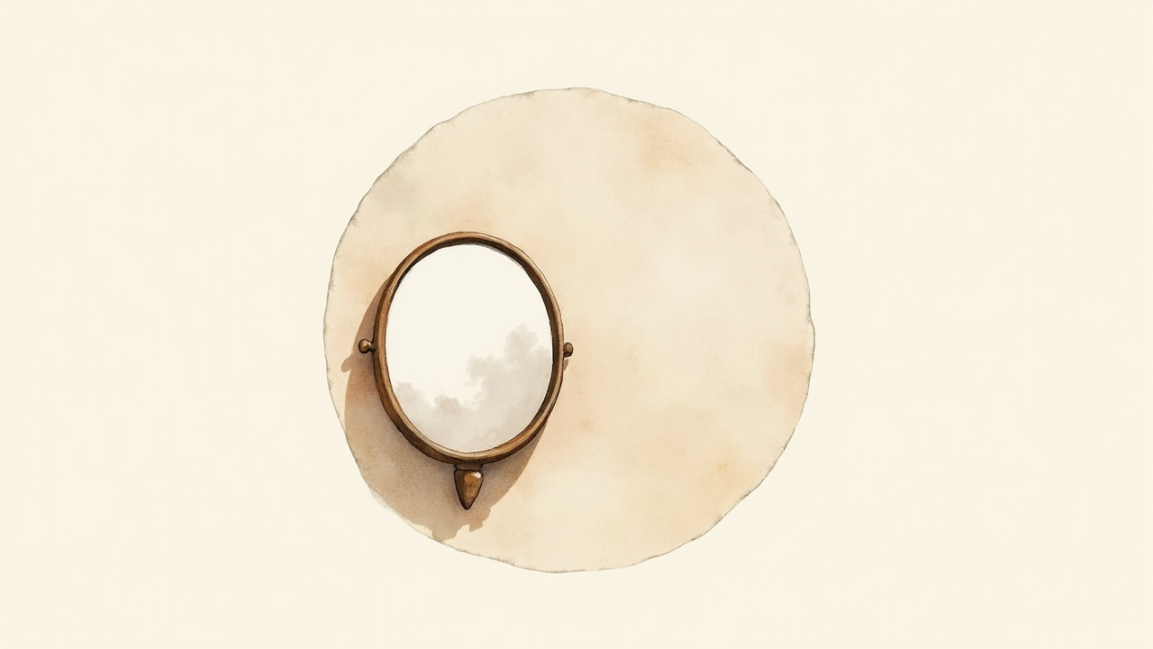 Watercolor illustration of an abstract mirror reflection on cream paper, top-down still life, no text, soft earth tones
