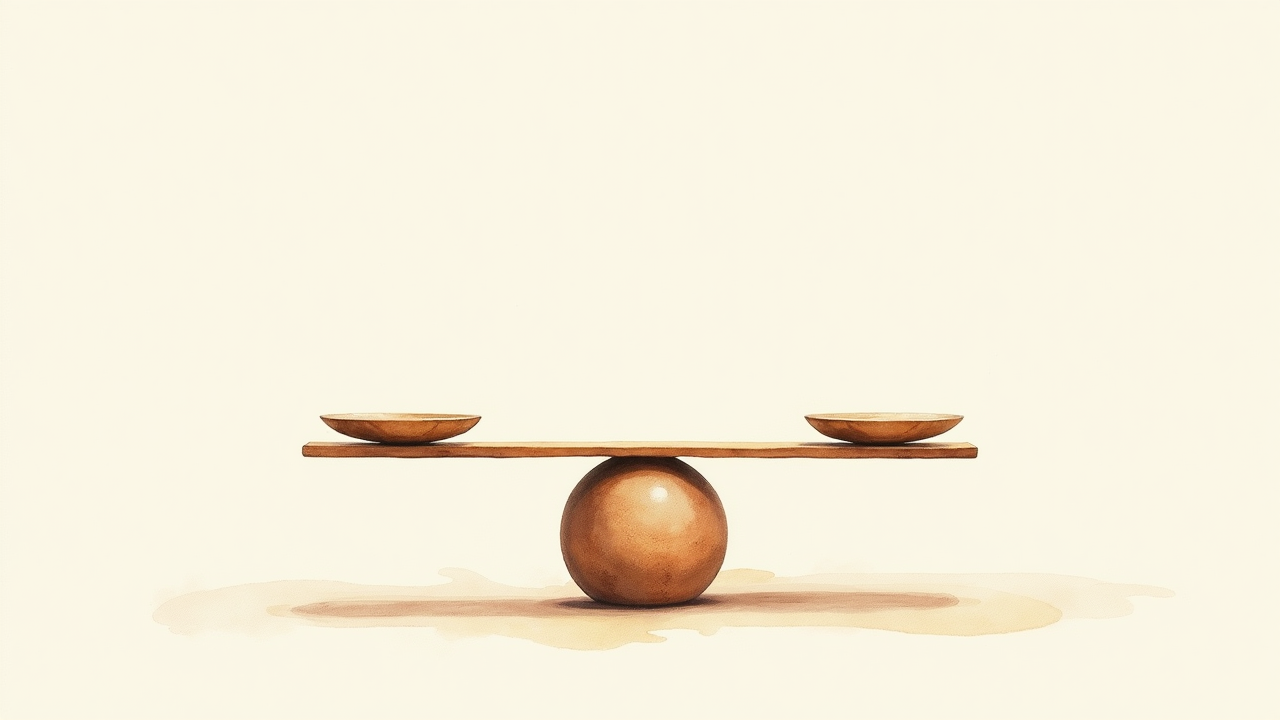 Watercolor illustration of an abstract balance scale on cream paper, top-down still life, no text, soft earth tones
